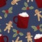 Christmas seamless pattern with gingerbread cookies, Holly berries and Red mug of hot chocolate with marshmallow.