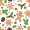Christmas seamless pattern. Gingerbread men, green fir branches, pine cones, snowflake cookies, holly berries and anise stars