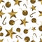 Christmas seamless pattern with golden toys, stars and candy. Festive white and gold background