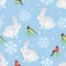 Christmas seamless pattern. Hare, bullfinch, tit on fir branches and snowflakes. Cute animal and bird on blue background.