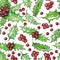 Christmas Seamless Pattern with Holly Leaves and Red Berries Watercolor. Hand Painting Bouquet Botanical Drawing