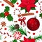 Christmas seamless pattern. Holly, Poinsettia, cone, star anise, cinnamon, Candy cane, cloves, fir branches, christmas ball,