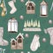 christmas seamless pattern. lights,pine cone, firry. Watercolor illustration. Farmhouse Christmas tree. Winter