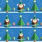 Christmas Seamless pattern with male and female elf with gifts with ribbon, snow, Xmas trees with pink, blue, orange lights an