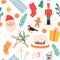 Christmas seamless pattern. Merry winter holidays and Happy New Year with gifts, gingerbread, santa, nutcracker and tree