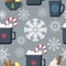 Christmas seamless pattern, multicolored cups with hot drink and sweets, white snowflakes of various shapes on a gray background