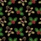 Christmas seamless pattern with neon gingerbread man and holly berry icons on black background. Winter holidays, X-mas, New Year