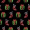 Christmas seamless pattern with neon icons of giftboxes and stocking on black background. Winter holidays, X-mas, Boxing day, New