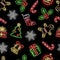 Christmas seamless pattern with neon icons: gingerbread man, giftbox, snowflakes, candy cane, holly, stocking, tree, bell on black