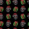 Christmas seamless pattern with neon icons of Santa faces and gift boxes on black background. Winter holidays, X-mas, Boxing Day,