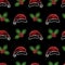 Christmas seamless pattern with neon Santa Clauses hats and holly berry on black background. Xmas, winter holidays, New