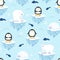 Christmas seamless pattern with penguin on ice floe background, Winter pattern with polar bear, wrapping paper, winter greetings,