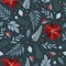 Christmas seamless pattern. Pine twigs, red berries, snowflakes. Season greeting digital paper. Winter Xmas holidays
