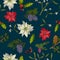 Christmas seamless pattern with poinsettia, pine, mistletoe, larch, spruce, holly