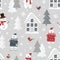 Christmas seamless pattern with polar bear, snowman, snowy house, christmas tree and snowflakes. Flat style