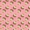 Christmas seamless pattern with pudding and candy cane on pink polka dots background. Cute holiday vector illustration