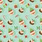 Christmas seamless pattern with pudding, cupcake, taffy, candy cane, socks, gift, etcâ€¦ on shadow background.