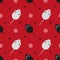 Christmas seamless pattern with rats and snowflakes with rodent traces. Red background.