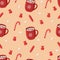 Christmas seamless pattern, red Cup of hot chocolate marshmallows and candy