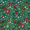 Christmas seamless pattern with red gift boxes, socks, christmas balls and sweets on green background