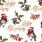 Christmas seamless pattern. Robin bird in a red christmas hat and skarf. Holly leaves and berries. Handwritten sign