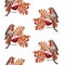 Christmas seamless pattern. Robin bird sitting on a snow covered rowanberry brunch