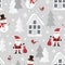 Christmas seamless pattern with Santa Claus, snowman, snowy house, christmas tree and snowflakes. Flat style
