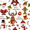 Christmas seamless pattern with Santa, penguin, deer, bear, snowman, elf