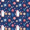 Christmas seamless pattern with scandinavian gnome in red clothes and with snowflkes ornament on blue