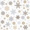 Christmas seamless pattern with silver and gold snowflakes isolated on white background. Vector.