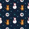 Christmas seamless pattern with snowflakes, snowman, snowball globe, tiger on blue background