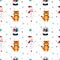 Christmas seamless pattern with snowflakes, snowman, snowball globe, tiger on white background