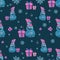 Christmas seamless pattern with snowman presents and snowflakes marker illustration. For printing on paper, fabrics