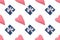 Christmas seamless pattern. Top view soft red heart pads and blue gift box on white background. Love concept flat lay