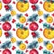 Christmas seamless pattern watercolor background. Citrus fruit slice orange or lemon, red decoration ball, branch pine