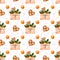 Christmas seamless pattern with watercolor craft gift boxes,gingerbreads,oranges and red drops.On white background.