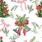 Christmas seamless pattern. Watercolor hand painted festive fir tree and vintage bells swag on white background. Festive holiday