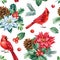 Christmas seamless pattern, watercolor illustration. Red cardinal birds, spruce branches, holly and poinsettia