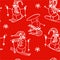 Christmas seamless pattern of white outline snowmen go skiing and snowboarding on a red background