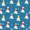 Christmas seamless pattern with white polar bear in scarf, snowflakes and bullfinch bird isolated on cold blue backgrouns.