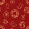 Christmas seamless red pattern with simple yellow icons. Ornament ball, gift box with bow, sock and door wreath.