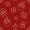 Christmas seamless red pattern with simple yellow icons. Santa head, ginger man, glass snowball, snowflake and gingerbread house.