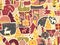 Christmas seamless vector background. Modern holiday pattern for women and girls in pink, yellow, red, gray, beige. Reindeer, elk,