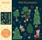Christmas searching game for children with winter forest, trees, animals. Cute funny smiling characters.