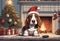 Christmas Secene. A Basset puppy dog wearing a Santa Claus hat