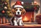 Christmas Secene. A Beagle puppy dog wearing a Santa Claus hat