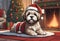 Christmas Secene. A Lhasa Apso puppy dog wearing a Santa Claus hat