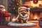 Christmas Secene. A pomeraniam puppy dog wearing a Santa Claus hat