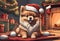 Christmas Secene. A pomeraniam puppy dog wearing a Santa Claus hat