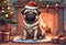 Christmas Secene. A Pug puppy dog wearing a Santa Claus hat